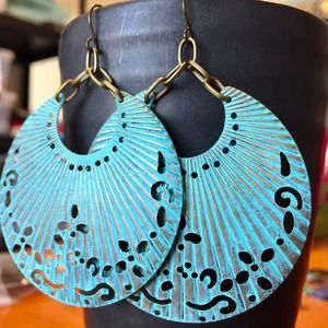 Handmade teal verdigris crescent moon earrings